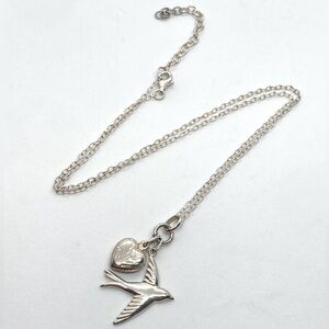 Vtg Sterling Bird Sparrow Swallow & Puffy Foral Engraved Heart Pendant Necklace
